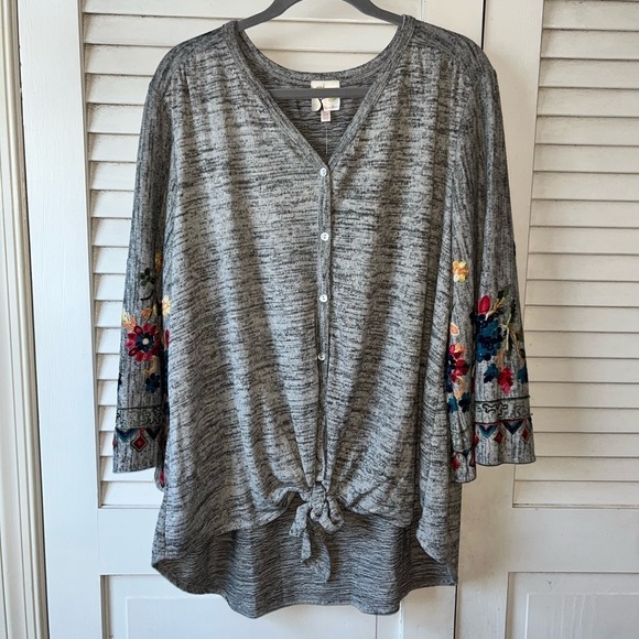 NWT Anthropologie Fig & Flower Cardigan Sweater 3X Gray Marled Embroidered Boho - Picture 2 of 7